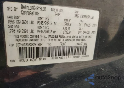 2003 Dodge Ram 1500 Slt/Laramie/St из США, поврежденный, VIN 1D7HA18D93S281887